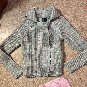 Gray Ribbed Button-Up Sweater